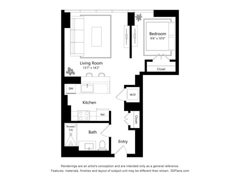Floor plan for studio, 1 bath, 622 sqft